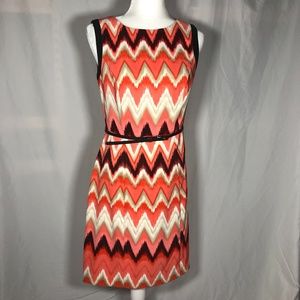 Coral Black White & Grey Chevron Belted Dress